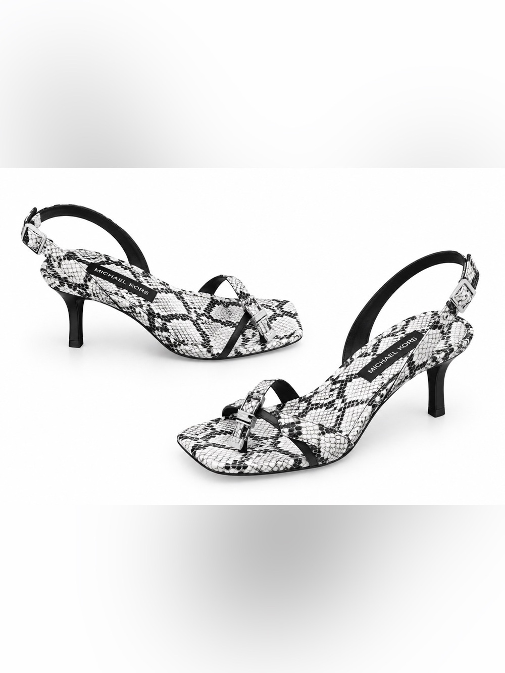 Michael Kors Black & White Snake-Print Slingback Kitten Heels